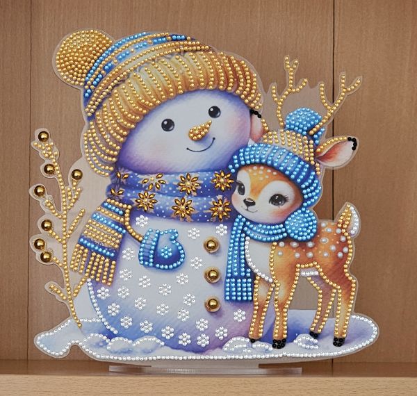 Deko Diamond Painting handmade Ornament aus Acryl, Motiv Schneemann mit Rentier (fertig)