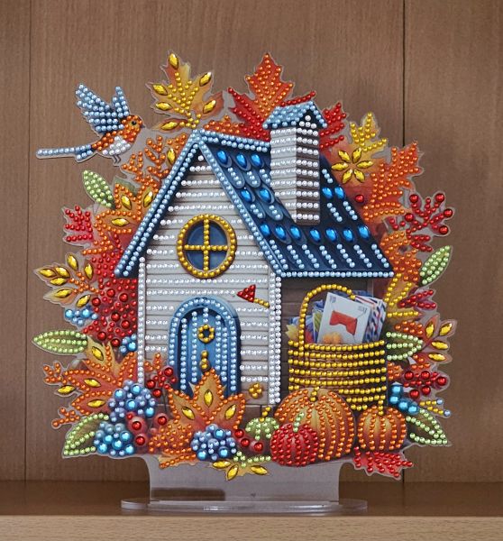 Deko Diamond Painting handmade Ornament aus Acryl, Motiv Herbst-Haus (fertig)