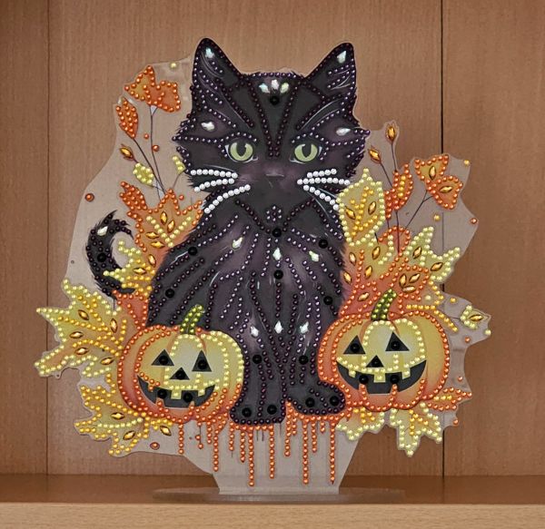 Deko Diamond Painting handmade Ornament aus Acryl, Motiv schwarze Katze (fertig)