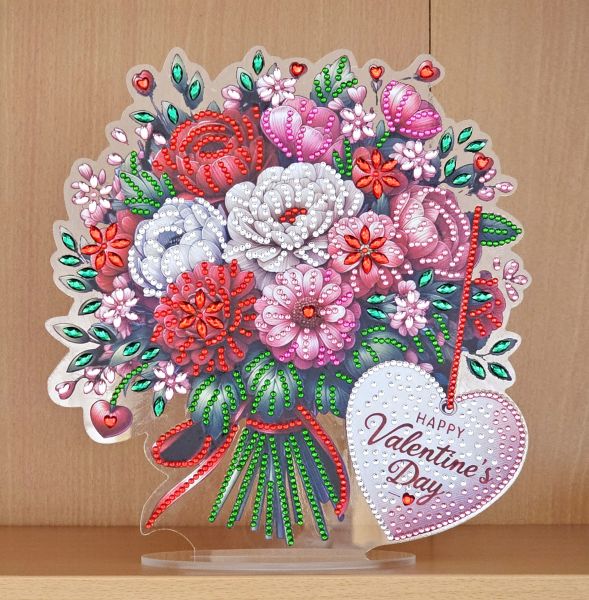 Deko Diamond Painting handmade Ornament aus Acryl, Motiv "Happy Valentine´s Day" (fertig)