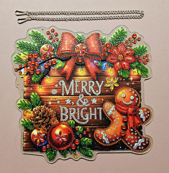 Deko Diamond Painting handmade Ornament aus Acryl, Motiv "Merry & Bright" zum Aufhängen (fertig)