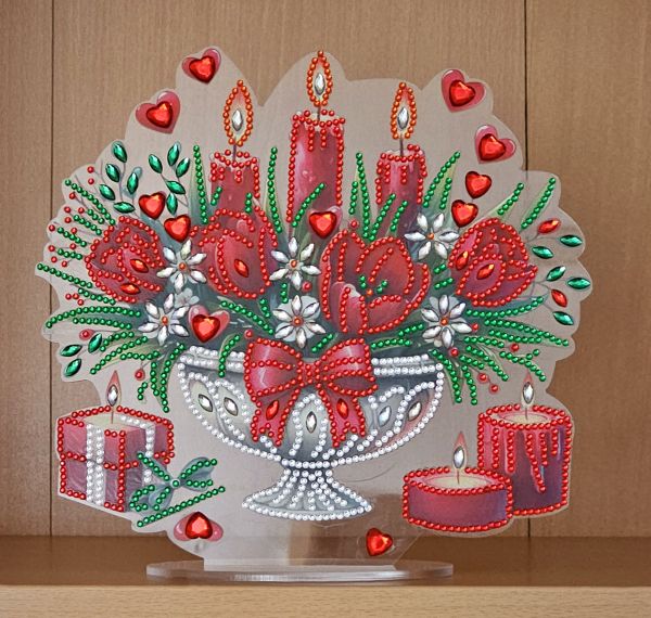 Deko Diamond Painting handmade Ornament aus Acryl, Motiv Blumen & Kerzen in Vase (fertig)