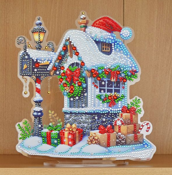 Deko Diamond Painting handmade Ornament aus Acryl, Motiv Weihnachtshaus (fertig)