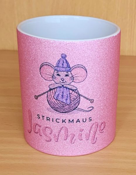 Strickmaus Jasmine Tasse in Pink mit Glitzer