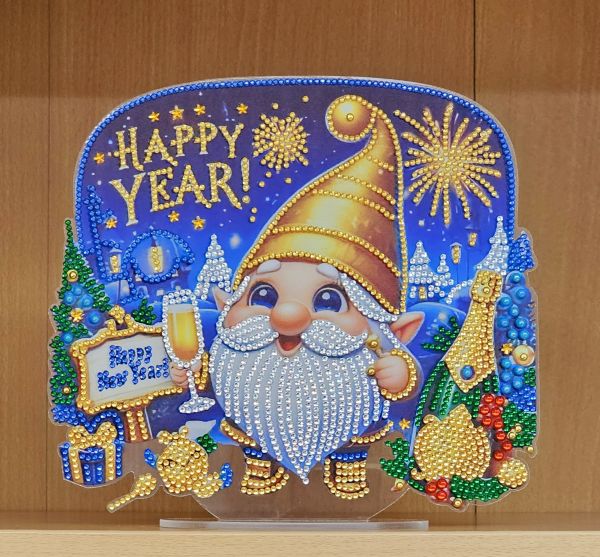 Deko Diamond Painting handmade Ornament aus Acryl, Motiv Happy New Year (fertig)