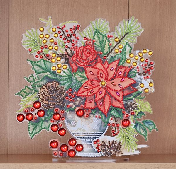 Deko Diamond Painting handmade Ornament aus Acryl, Motiv winterlicher Blumenstrauß (fertig)