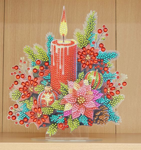 Deko Diamond Painting handmade Ornament aus Acryl, Motiv weihnachtliche Kerze (fertig)