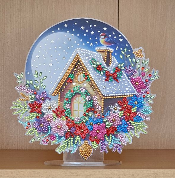 Deko Diamond Painting handmade Ornament aus Acryl, Motiv Weihnachtshaus (fertig)