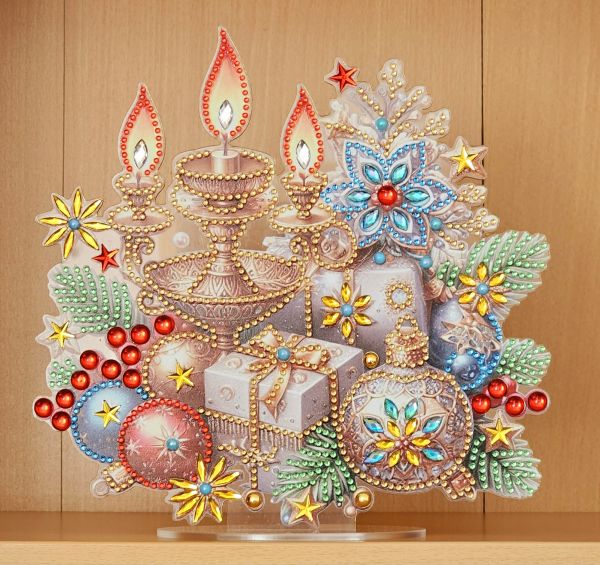 Deko Diamond Painting handmade Ornament aus Acryl, Motiv weihnachtliche Kerzen (fertig)