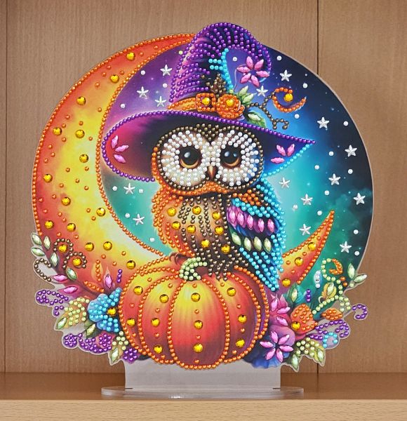 Deko Diamond Painting handmade Ornament aus Acryl, Motiv Halloween Eule (fertig)