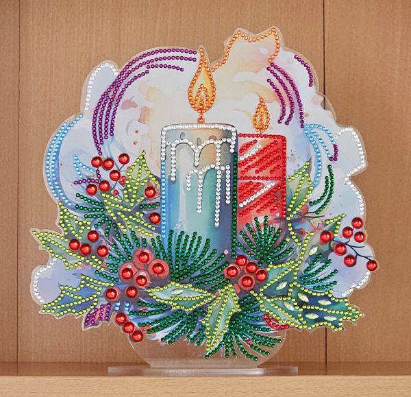 Deko Diamond Painting handmade Ornament aus Acryl, Motiv weihnachtliche Kerze (fertig)