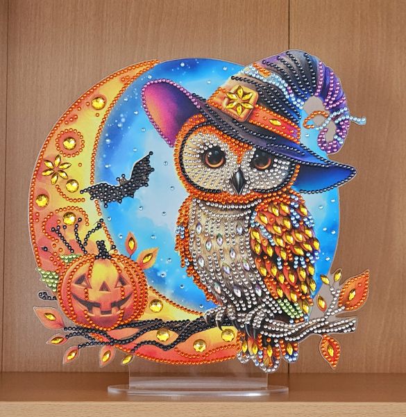 Deko Diamond Painting handmade Ornament aus Acryl, Motiv Halloween Eule (fertig)