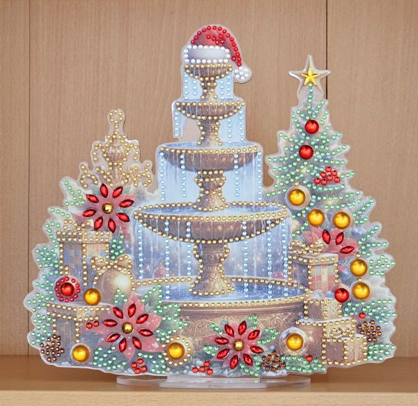 Deko Diamond Painting handmade Ornament aus Acryl, Motiv winterlicher Brunnen (fertig)