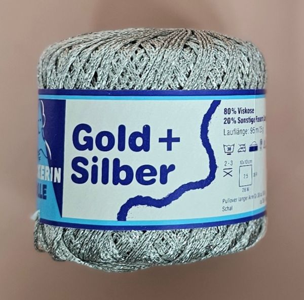 Strickerin Wolle Gold + Silber, 25g Häkelgarn mit Glitzereffekt Fb. 1 silber