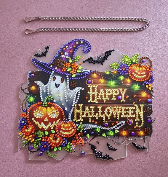 Deko Diamond Painting handmade Ornament aus Acryl, Motiv Happy Halloween zum Aufhängen (fertig)