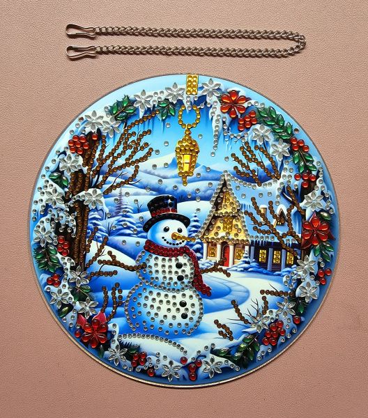 Deko Diamond Painting handmade Ornament aus Acryl, Motiv Schneemann zum Aufhängen (fertig)