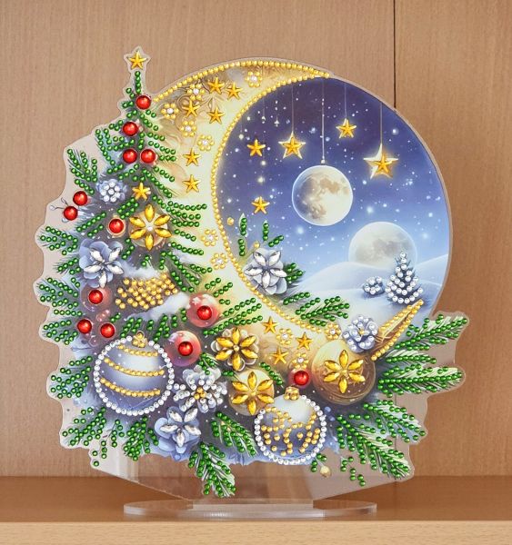 Deko Diamond Painting handmade Ornament aus Acryl, Motiv weihnachtlicher Mond (fertig)